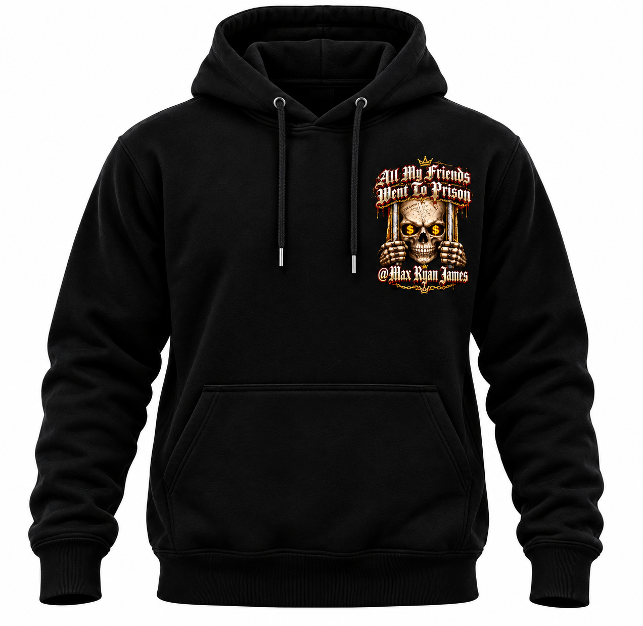 Black hoodie front with chest print of the All My Friends Went To Prison skull artwork